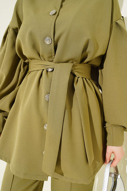 Ensemble deux pièces à manches plissées avec boutons, vert pistache