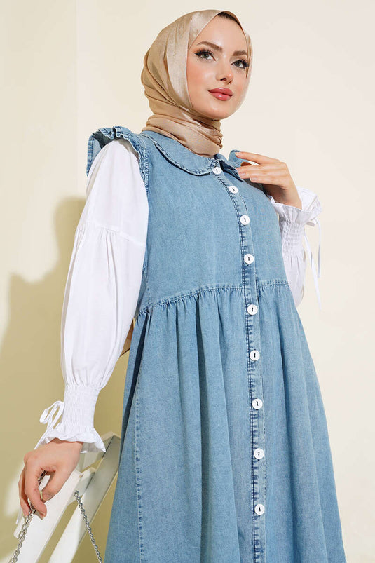 Buttoned Denim Vest Dress Denim Blue