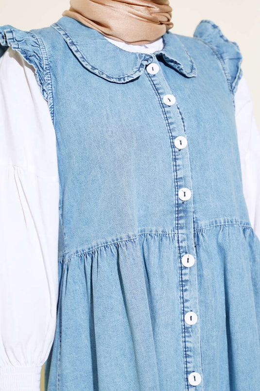 Buttoned Denim Vest Dress Denim Blue