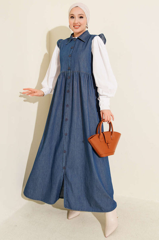 Düğmeli Kot Jile Elbise Koyu Mavi