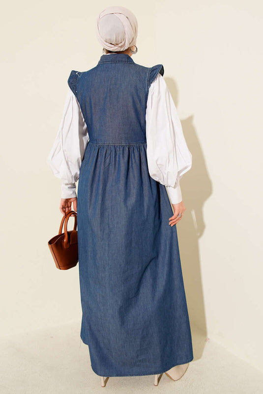 Düğmeli Kot Jile Elbise Koyu Mavi