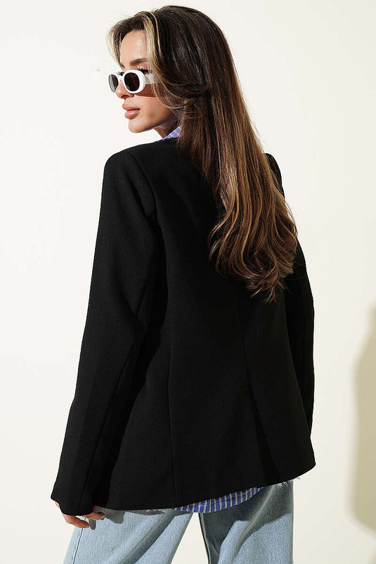 Blazer con Collo Incrociato e Bottoni Nero
