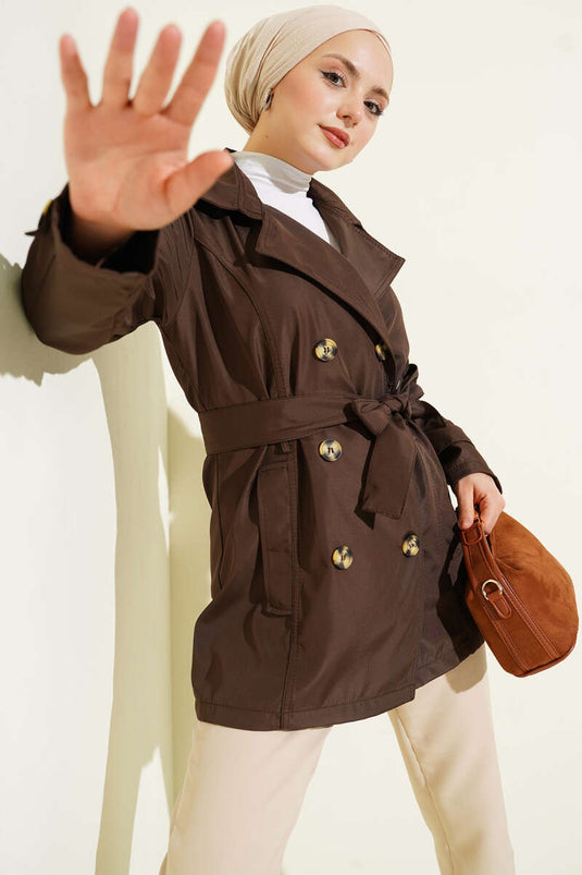 Korte trenchcoat met knopen en overslagkraag, koffiebruin