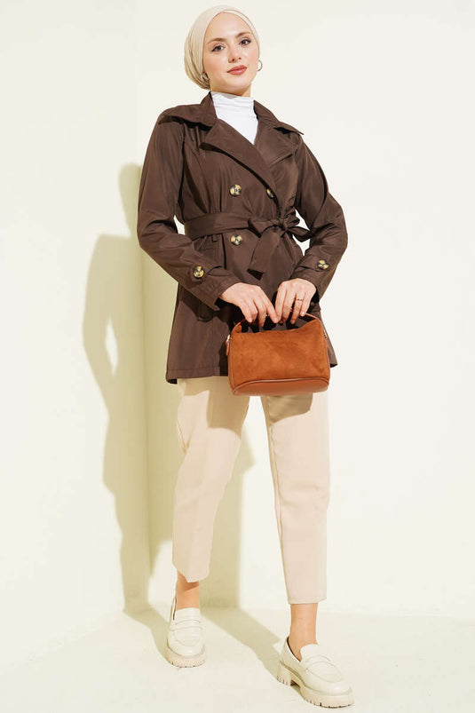 Düğmeli Kruvaze Yaka Kısa Trençkot Kahve