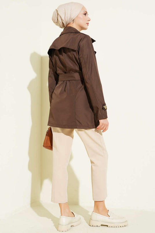 Düğmeli Kruvaze Yaka Kısa Trençkot Kahve