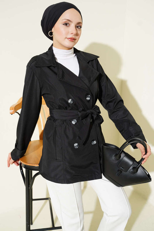 Korte trenchcoat met knopen en overslagkraag Zwart