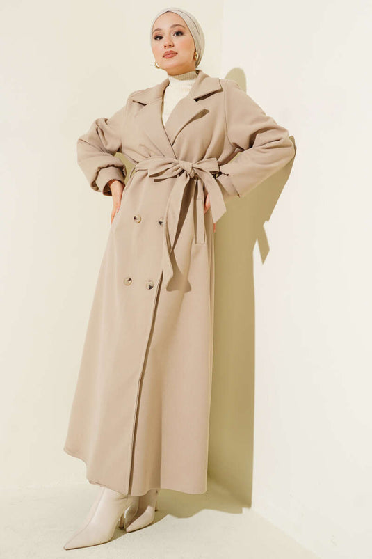 Düğmeli Kuşak Detaylı Kaşe Kaban Bej