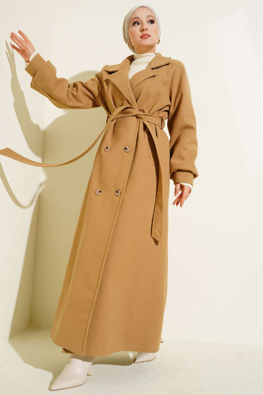 Kaschmirmantel mit geknöpftem Gürtel in Latte