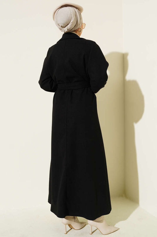 Düğmeli Kuşak Detaylı Kaşe Kaban Siyah