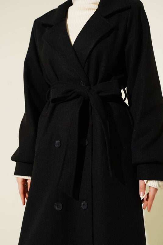 Düğmeli Kuşak Detaylı Kaşe Kaban Siyah