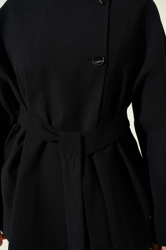 Buttoned Belted Basic Jacket Black