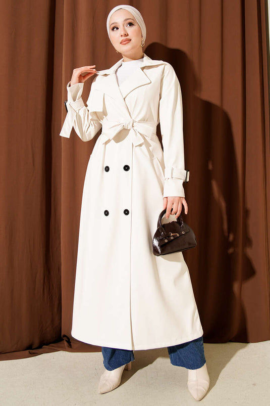 Buttoned Belted Leather Trench Coat Ecru