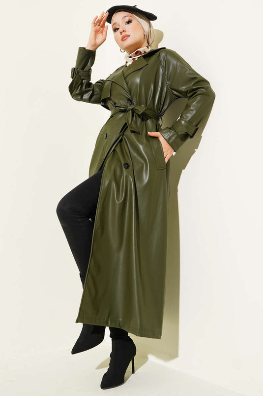 Buttoned Belted Leather Trench Coat Khaki