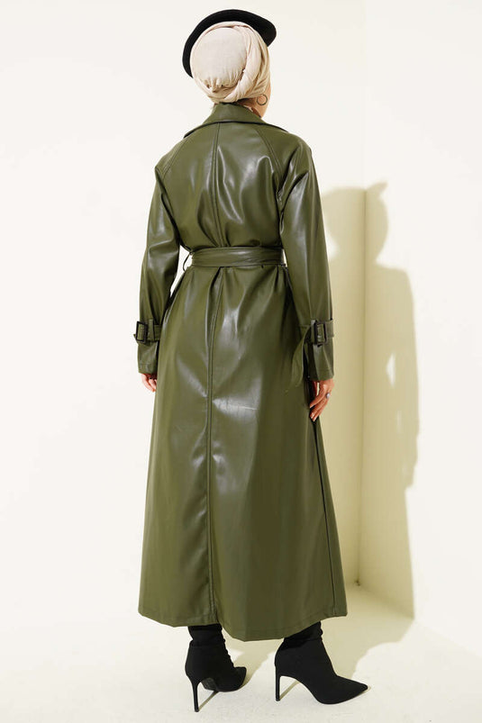 Buttoned Belted Leather Trench Coat Khaki