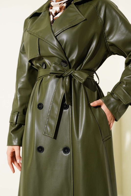 Buttoned Belted Leather Trench Coat Khaki
