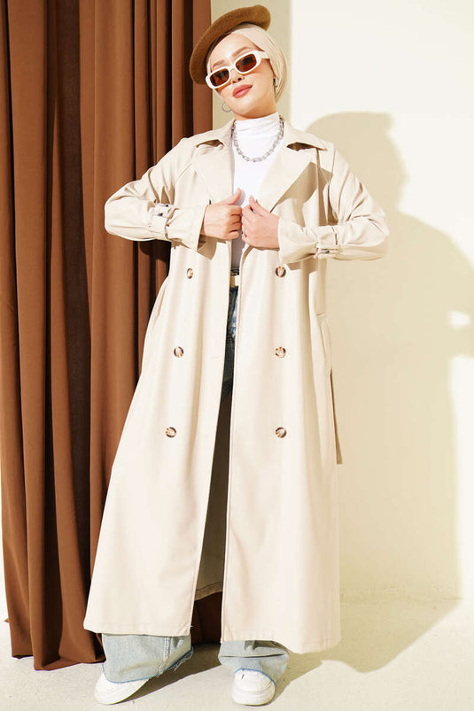 Trench En Cuir Crème À Boutons Et Ceinture