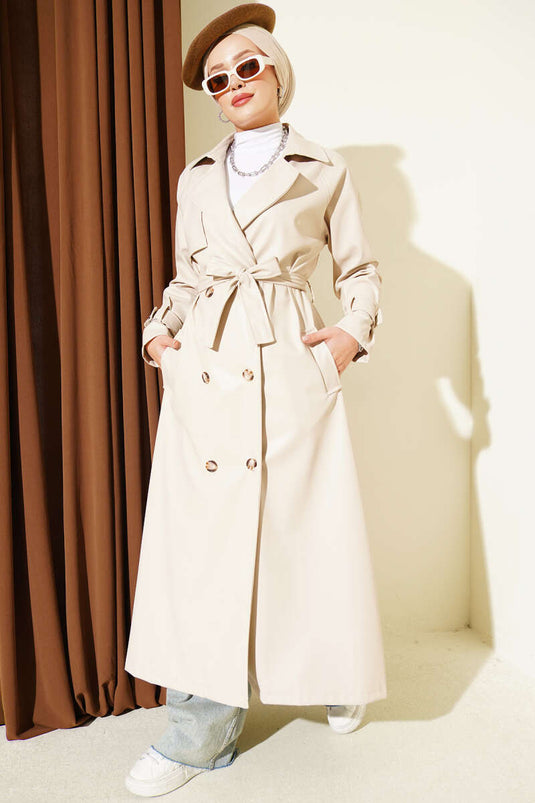 Trench En Cuir Crème À Boutons Et Ceinture