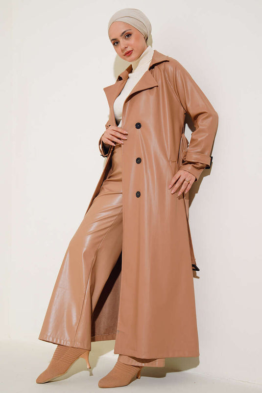 Leren trenchcoat met knoop en riem Latte