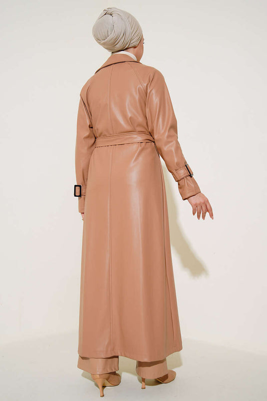 Leren trenchcoat met knoop en riem Latte