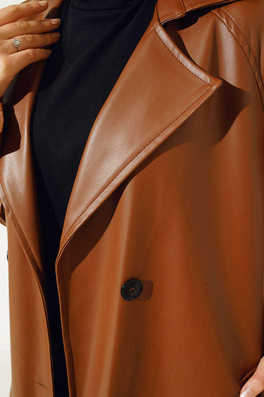 Buttoned Belted Leather Trench Coat Tan