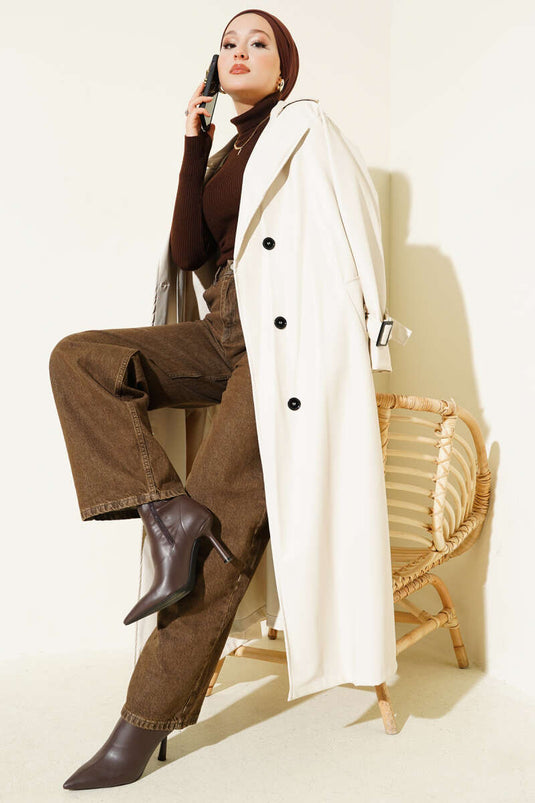 Buttoned Belted Leather Trench Coat Stone