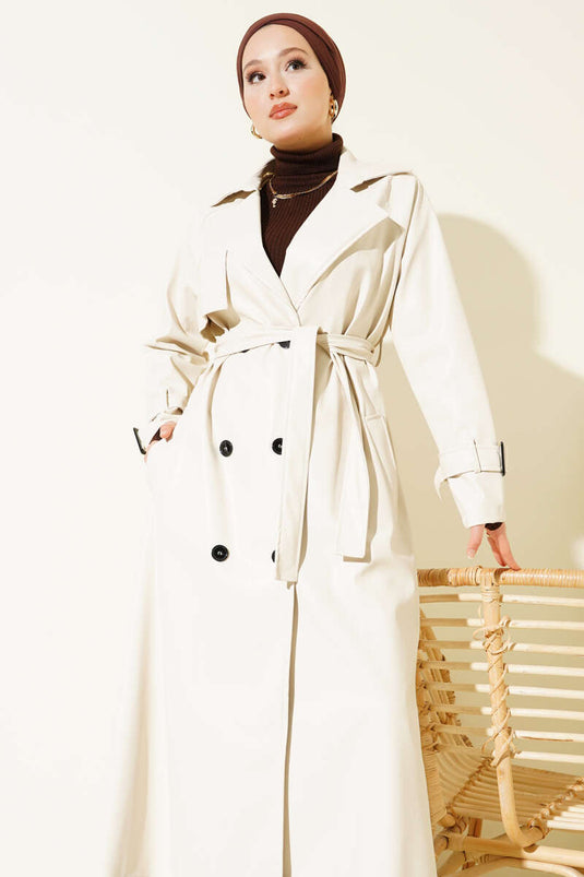 Buttoned Belted Leather Trench Coat Stone