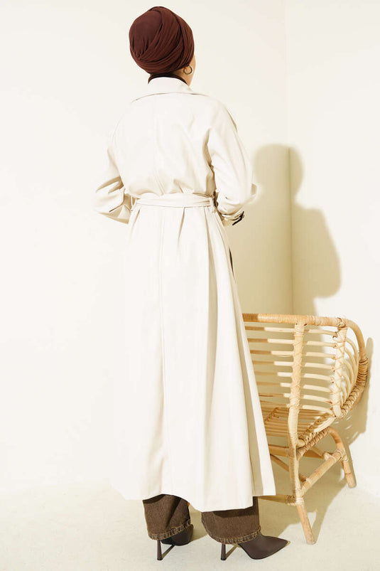 Buttoned Belted Leather Trench Coat Stone