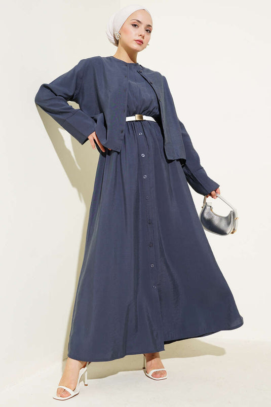 طقم سترة بأزرار وحزام من قطعتين باللون الرمادي الداكن