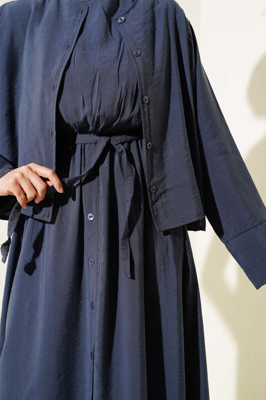 Buttoned Belted Vest Two-Piece Set Slate Gray