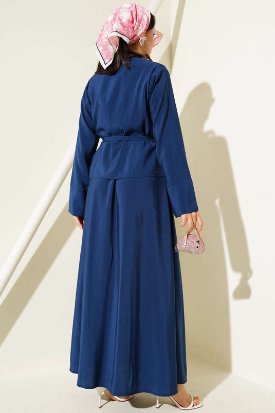 بدلة مكونة من قطعتين، سترة بأزرار وحزام، أزرق داكن