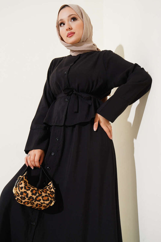 طقم سترة بأزرار وحزام من قطعتين باللون الأسود