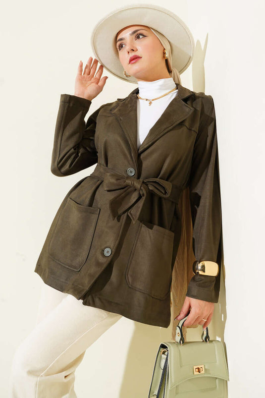 Düğmeli Kuşaklı Süet Ceket Haki