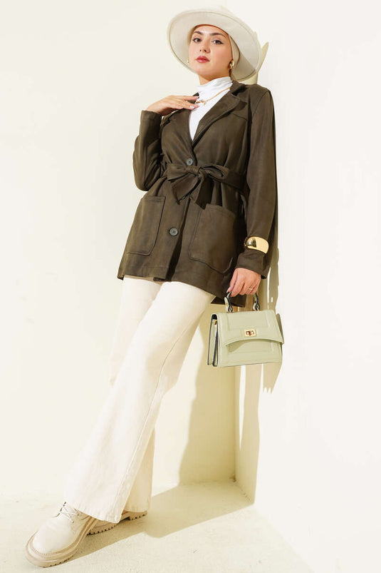 Düğmeli Kuşaklı Süet Ceket Haki