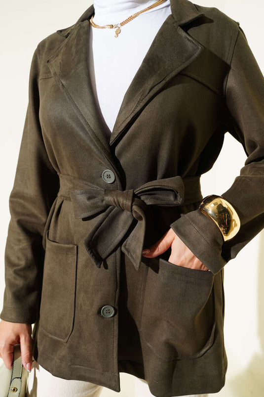 Düğmeli Kuşaklı Süet Ceket Haki
