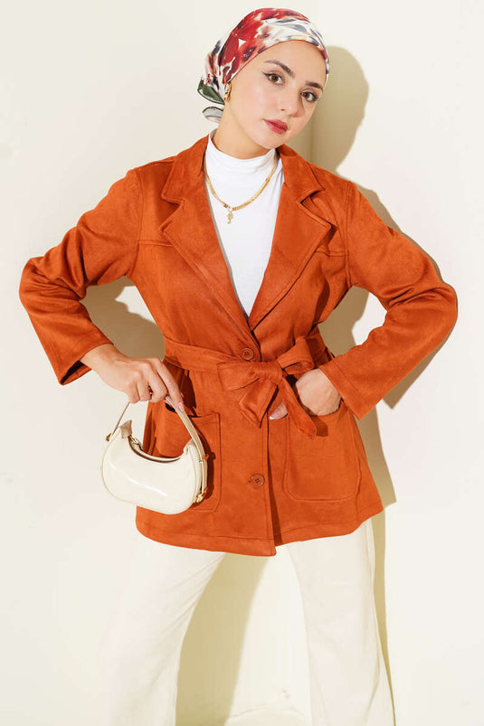 Düğmeli Kuşaklı Süet Ceket Kiremit