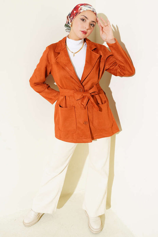 Düğmeli Kuşaklı Süet Ceket Kiremit