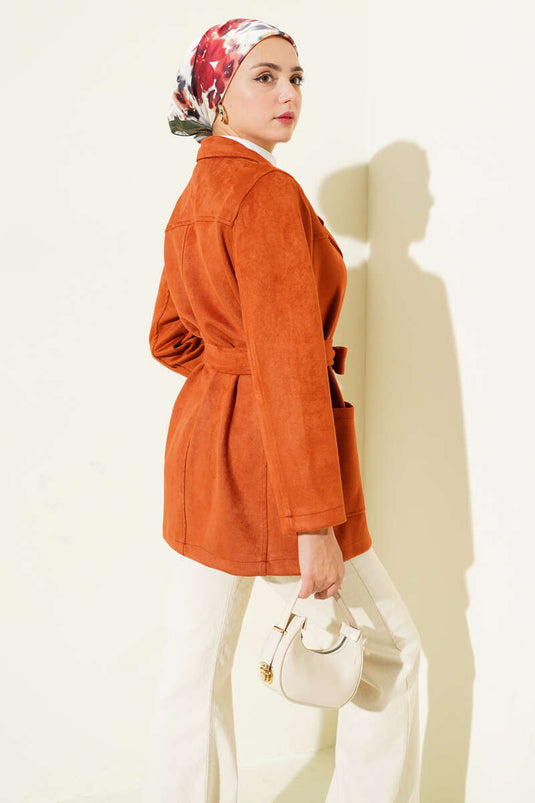 Düğmeli Kuşaklı Süet Ceket Kiremit