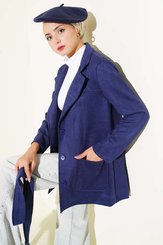 Düğmeli Kuşaklı Süet Ceket Lacivert