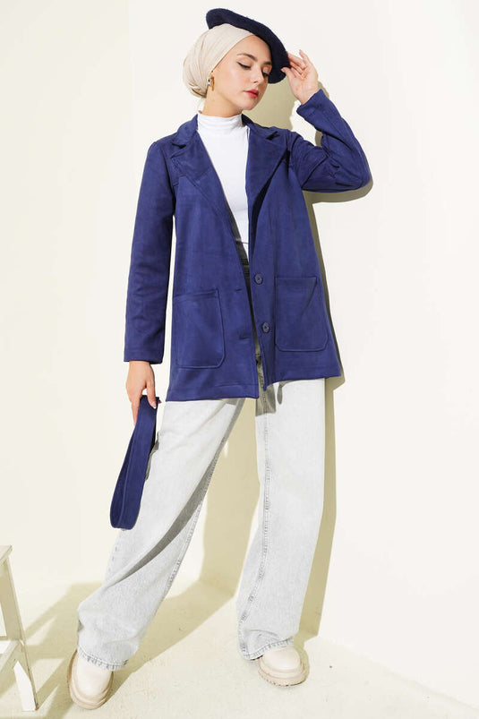 Düğmeli Kuşaklı Süet Ceket Lacivert
