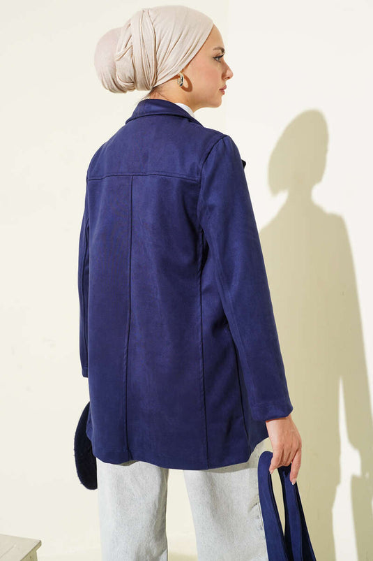 Düğmeli Kuşaklı Süet Ceket Lacivert