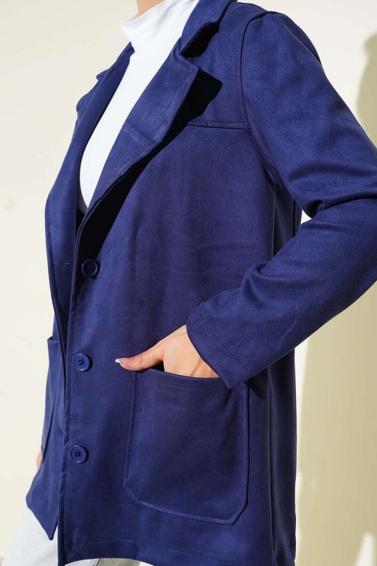 Düğmeli Kuşaklı Süet Ceket Lacivert