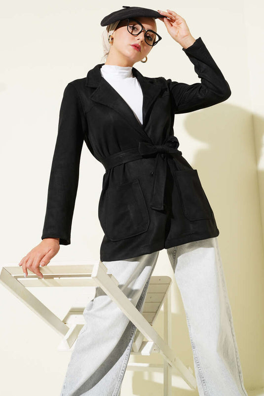 Düğmeli Kuşaklı Süet Ceket Siyah