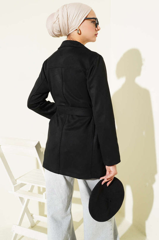 Düğmeli Kuşaklı Süet Ceket Siyah