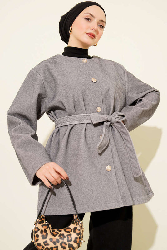 Düğmeli Kuşaklı Tay Tüyü Ceket Gri