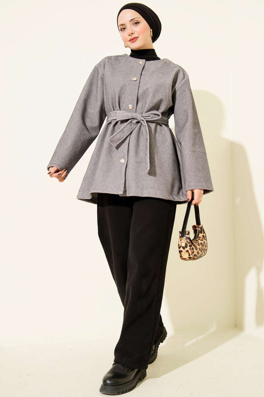 Düğmeli Kuşaklı Tay Tüyü Ceket Gri