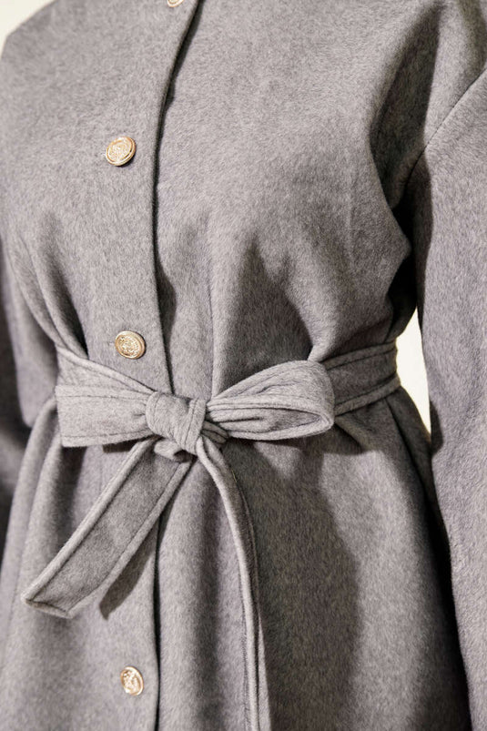 Düğmeli Kuşaklı Tay Tüyü Ceket Gri