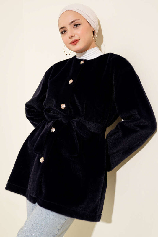 سترة ريش تايلاندية بأزرار وحزام باللون الأزرق الداكن