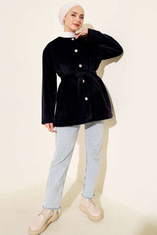 سترة ريش تايلاندية بأزرار وحزام باللون الأزرق الداكن