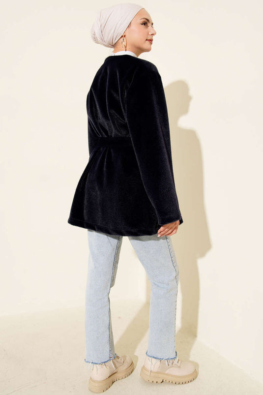 سترة ريش تايلاندية بأزرار وحزام باللون الأزرق الداكن