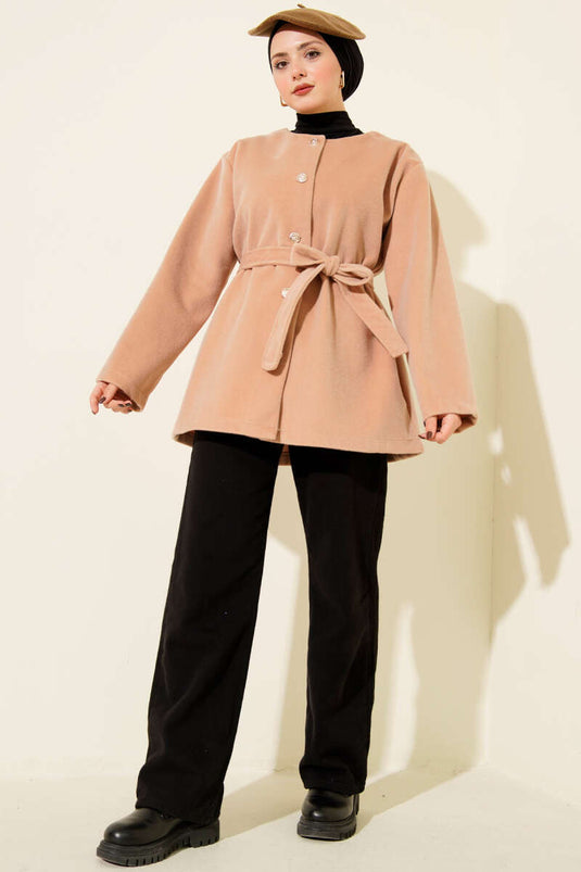 Düğmeli Kuşaklı Tay Tüyü Ceket Latte